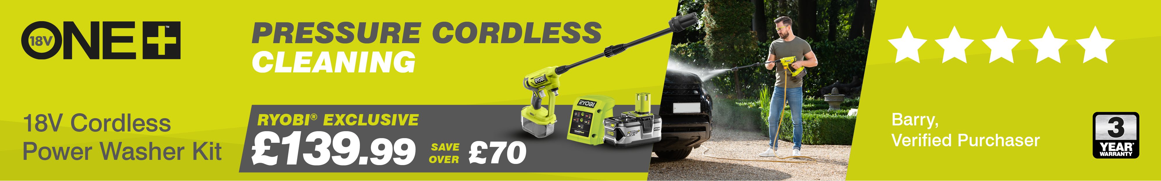 Cordless Power Washer Kit | Cordless Jet Wash 22bar | RYOBI | RY18PW22A-140